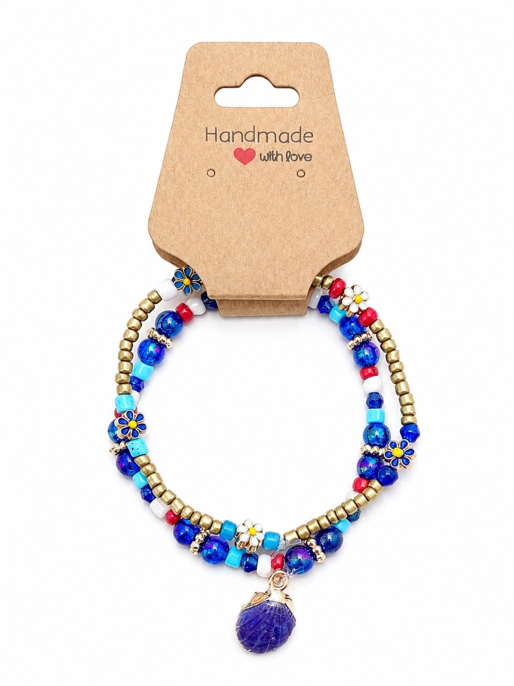 Handmade Beaded Bracelet Set Blue Red White Gold Floral Shell Charm 2 Piece